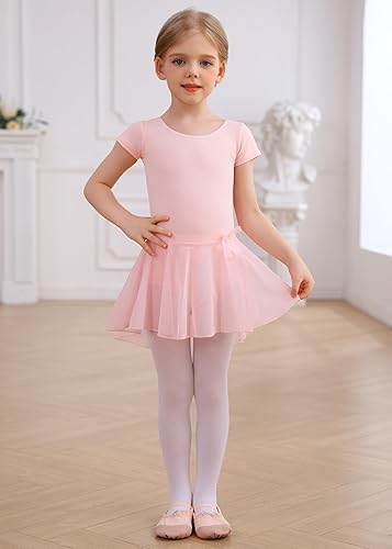 MdnMd Pink Short Sleeve Dance Ballet Leotard for Toddler Girls with Tutu  Skirted (Age 2-4 2t,3t)
