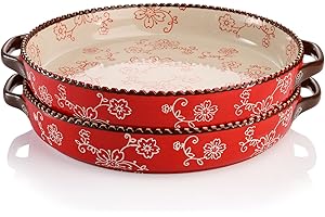 AVLA 2 Pack Ceramic Pie Pan, 9 Inch Round Baking Dish with Double Handle, 28 Ounce Deep Quiche Plate for Kitchen, Cooking, Roasting Lasagna (Sakura, Red)