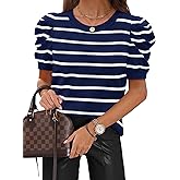 SAMPEEL Short Puff Sleeve Sweaters for Women Knit Tops 2026 Trendy Crewneck Striped T Shirts Casual Summer Blouses