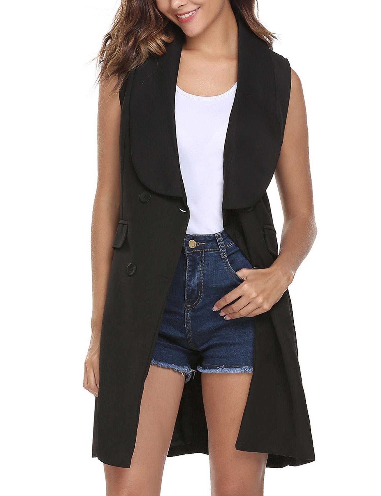 Zeagoo Women Casual Sleeveless Solid Vest Trench Coat With Pockets Long Suit Coat Waistcoat Black/L