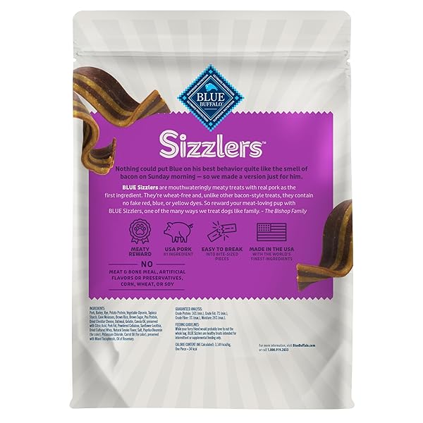 BLUE BUFFALO SIZZLERS NATURAL SOFT DOG TREATS, BACON-STYLE SOFT-MOIST DOG TREATS WITH REAL USA PORK, ORIGINAL FLAVOR, 6-OZ BAG