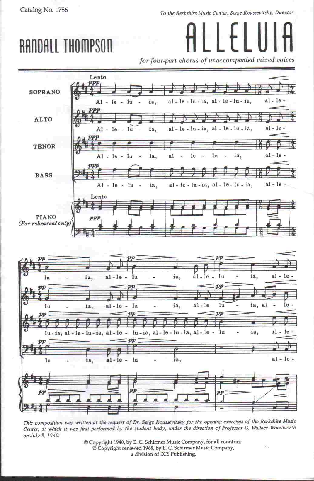 Alleluia For Four Part Chorus Of Mixed Voices E C S Choral Music No 1786 Thompson Randall Amazon Com Books