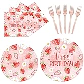 96Pcs Strawberry Birthday Party Plates Napkins-Sweet Baby Shower Pink Fruit Strawberry Theme Forks Supplies Tableware Set Disposable Decoration for Girls Berry Baby Decorations Favors Serves 24