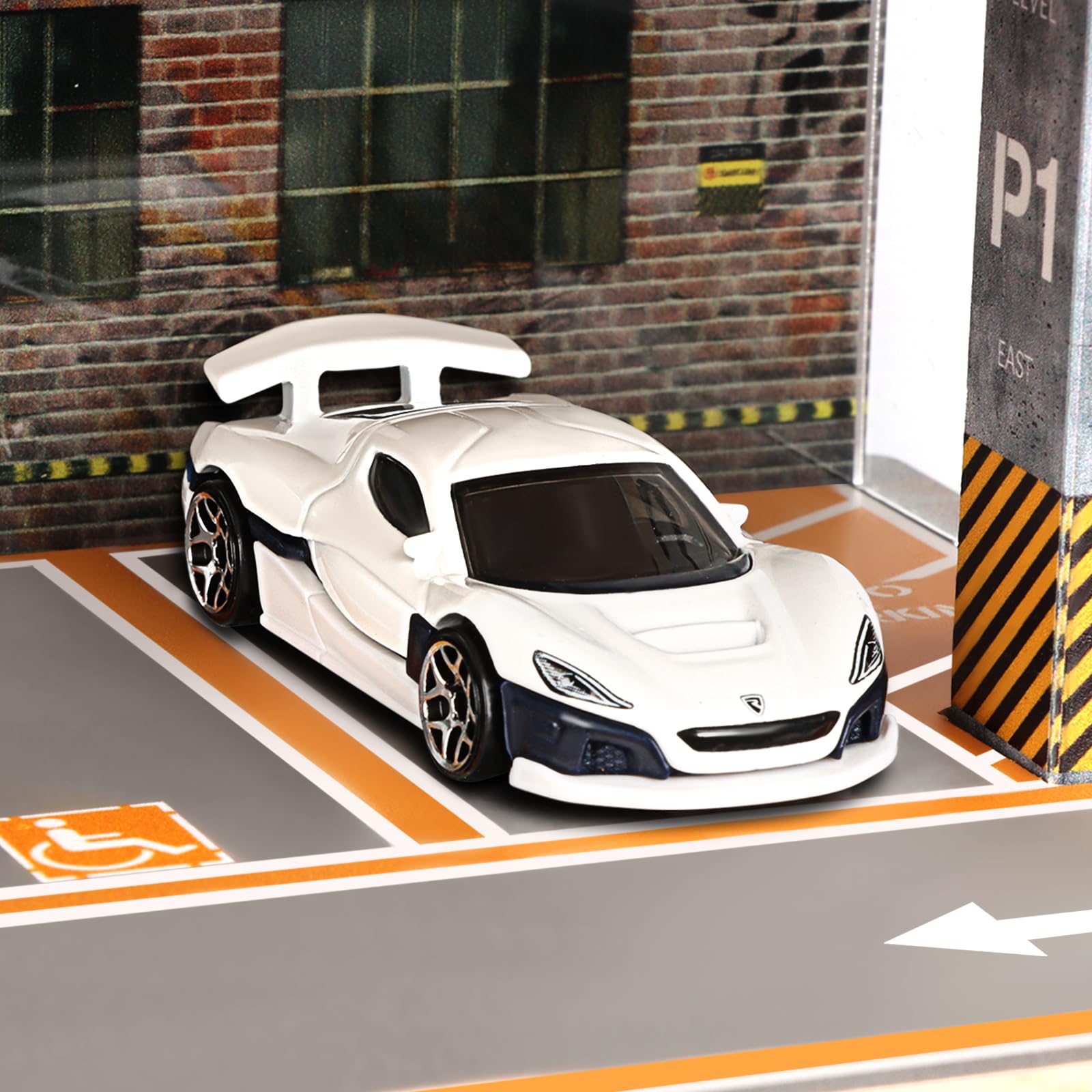 Saichotoy Storage for Hot Wheels: Toy Car Parking Garage Diorama with Lights - Freestanding Display Case for 1/64 Scale Diecast Cars with 4 Levels 24 Spots Maximum 40 Cars