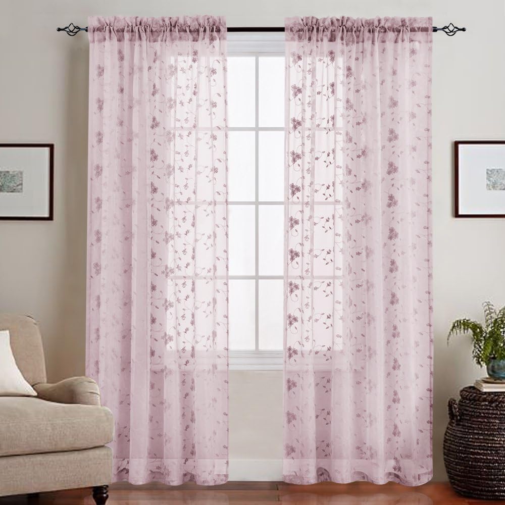 TOPICK Floral Embroidery Voile Curtain Panels for Living Room Sheer Rod Pocket Light Filtering Drapes, (pack of two, 55-by-84 Inch, Lilac)
