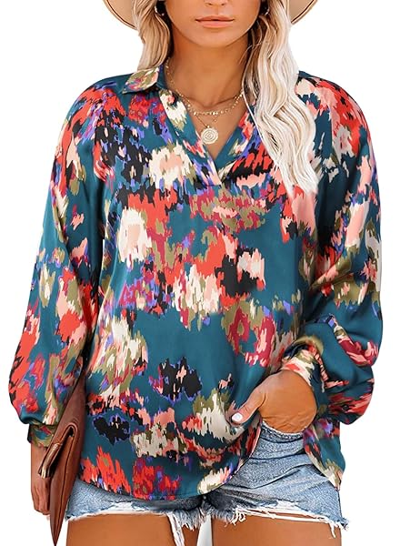 EYTINO WOMENS PLUS SIZE BOHO ABSTRACT PRINTED V NECK LANTERN LONG SLEEVE TOPS LOOSE BLOUSES SHIRTS,2X GREEN