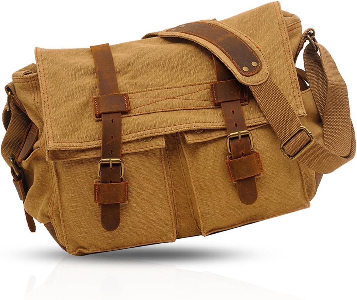 FANDARE 14 Inch Laptop Shoulder Bag Unisex Canvas Messenger Bag for Men/Women, Khaki, L, Leisure Backpack - Image 4