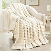 decorUhome Soft Fleece Cream White Twin Blanket for Bed, Cozy Fluffy Plush Flannel Striped Throws for Couch Sofa, Lightweight Decorative Ribbed Fuzzy Blanket for Woman, 60x80 Inches