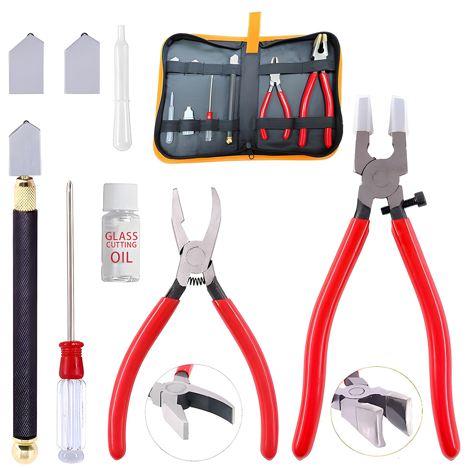 Photo 1 of Glass Cutting Tool Set Kit, Glass Nipper Glass Running Plier Breaking Plier Oil Feed Glass Cutter Set with Leather Zipper Bag for Stained Glass, Tiles, Mosaic, Mirrors,Bottle, Fusing, Breaking (A KIT)