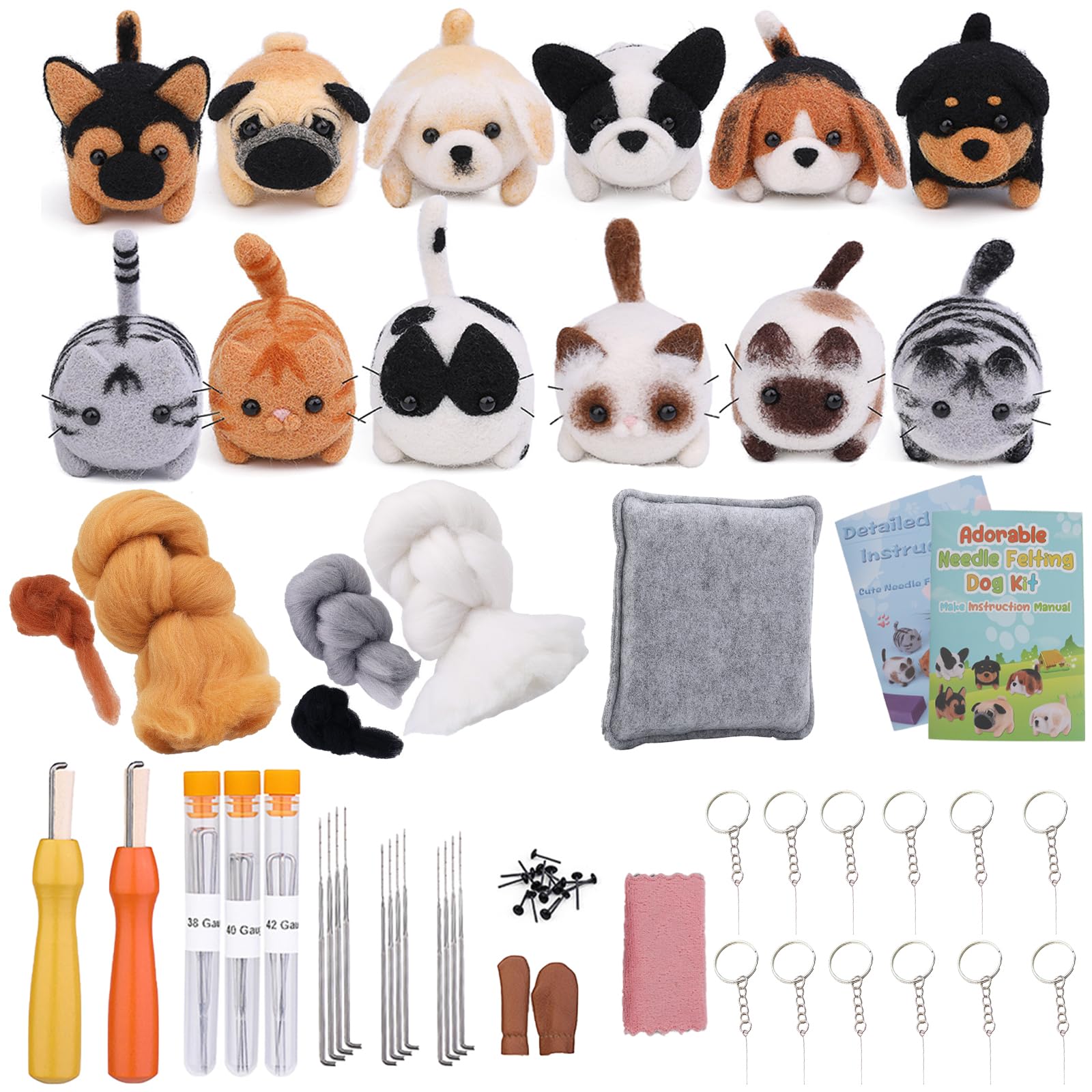 Qivine Needle Felting Starter Kit, 12 Different Animals DIY Home Decoration Felting Wool Tools Doll Making Needle Felting Kit Adult Craft Kits for Beginners Adults Kids