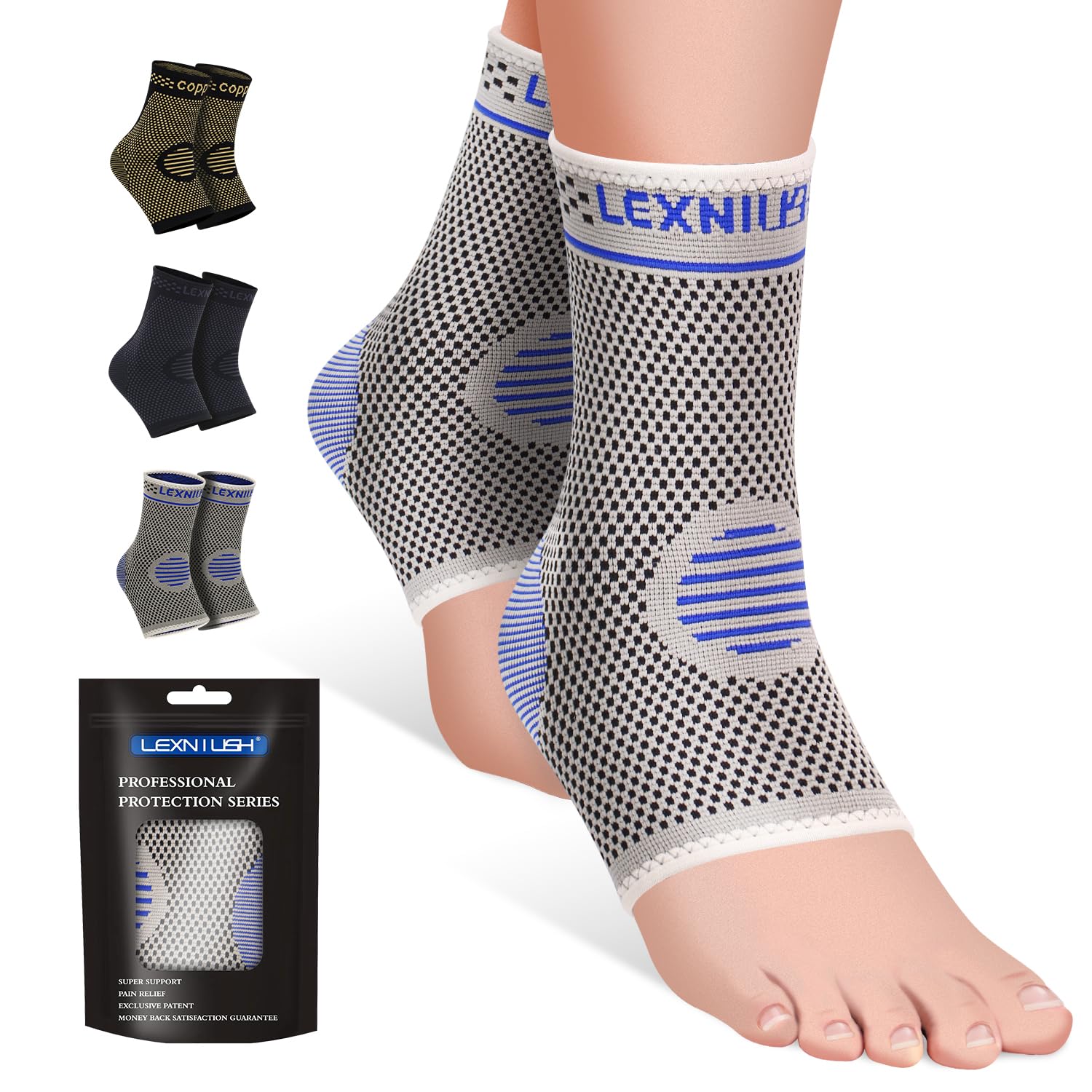 Lexniush 2 Pack Ankle Support for Sprained Ankle, Plantar Fasciitis Relief Achilles Tendonitis Support, Ankle braces for Men & Women, Ankle Compression Socks Support for Ligament Damage, Sports