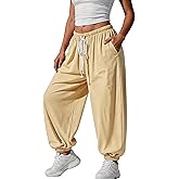 Fisoew Womens Baggy Harem Pants Casual Barrel Elastic Waist Drawstring Pleated Loose Workout Track Pants with Pockets