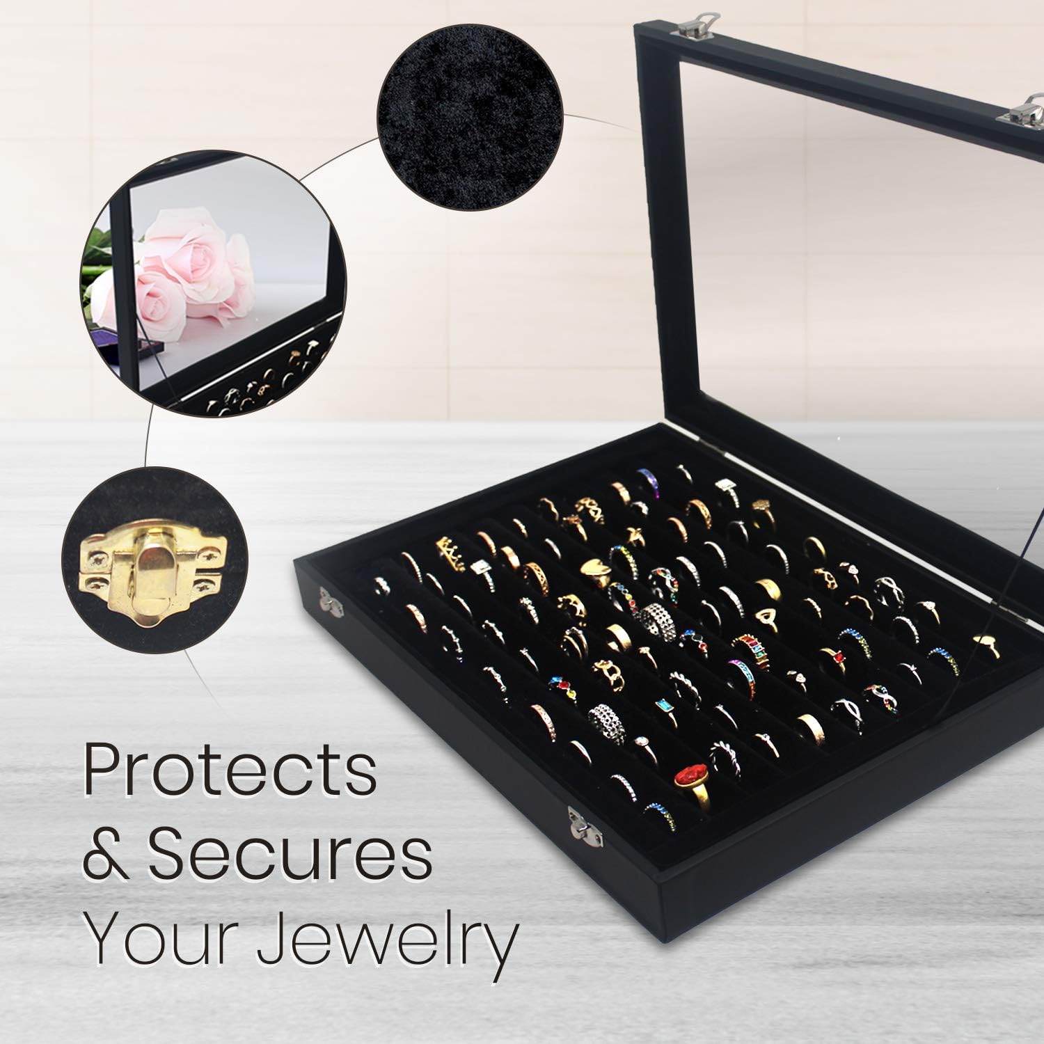 100 Slots Ring Storage Display Box with Transparent Lid ~ Ring Holder Showcase for Store Display, Jewelry Show & Home ~ Jewelry Tray Organizer (Black): Home & Kitchen