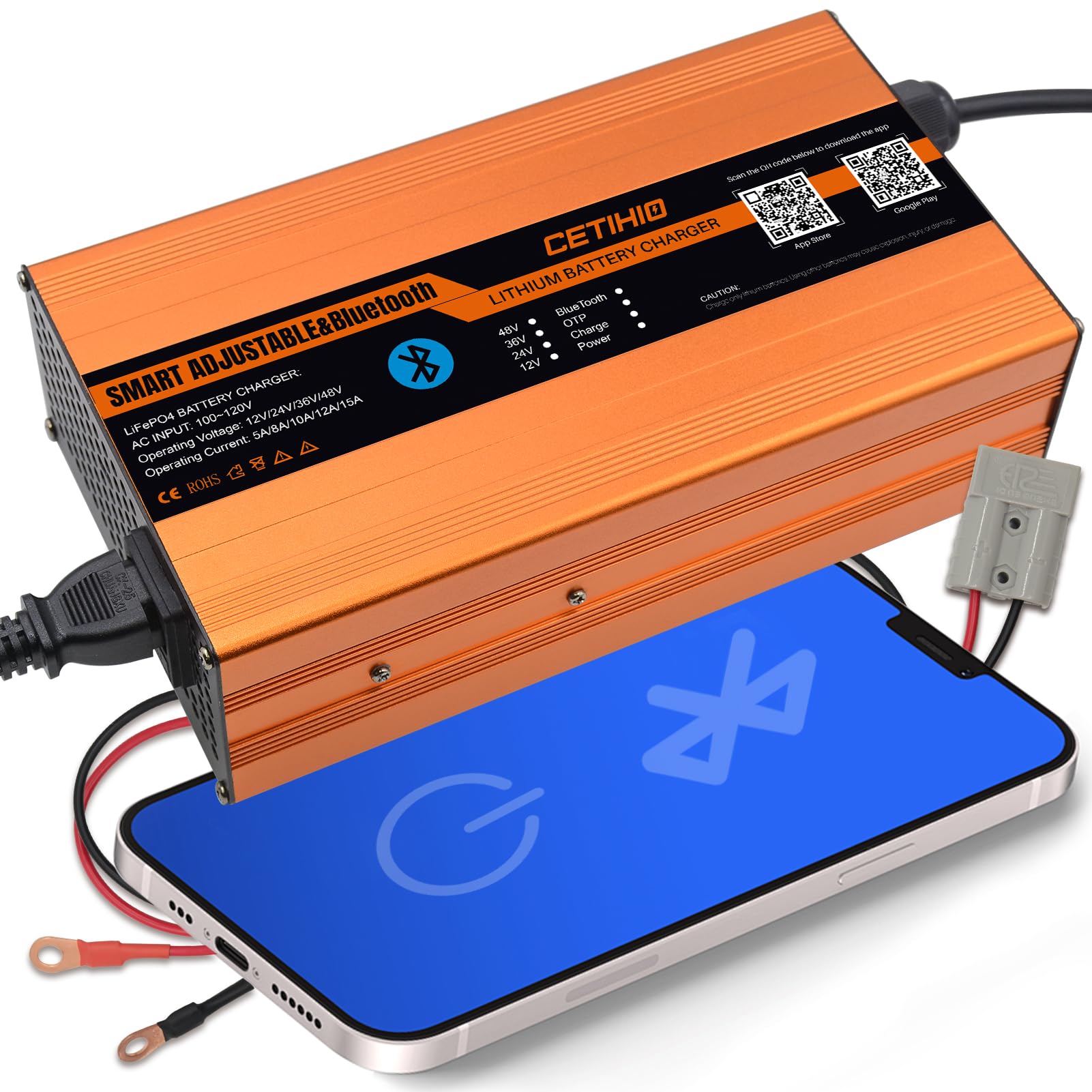 Photo 1 of 12V 24V 36V 48V Smarter Adjustable Lithium Battery Charger with Anderson Plug. Bluetooth APP Control, LIFEPO4 Battery Charger. 16FT, 3-Stage Charge Technology, for Golf Cart, Truck, RV, Boat and More