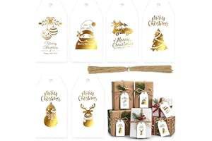 SallyFashion 120PCS Christmas Gift Tags 1.58 x 3.55 inches Gold Foil Gift Tags with String Attached, Hang Labels for Christmas Birthdays Holidays Presents