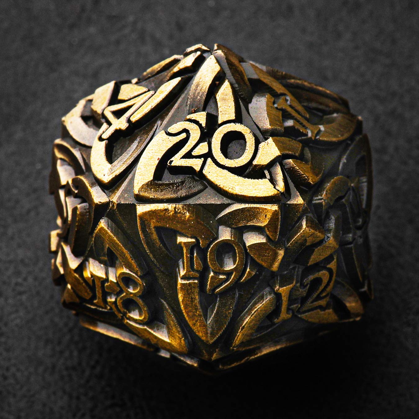 Endless Order (Antique Gold) Life counter D20 Dice Spindown Solid Metal Extra Large Extra Heavy for MTG Magic the Gathering EDH Commander Metal Counter Countdown Celtic Dice