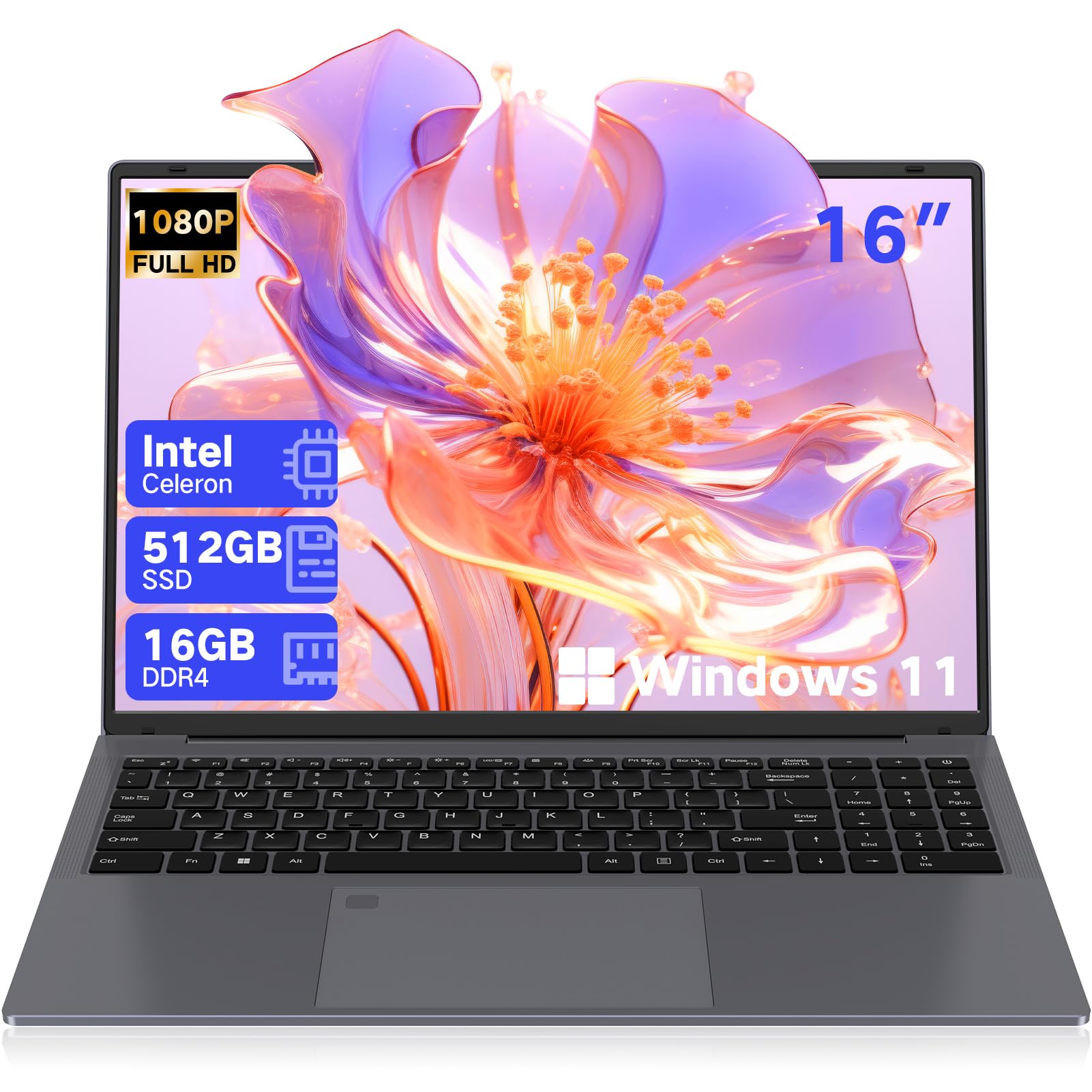 Photo 1 of DERE Laptop,16 inch Laptop Comupter,Win11 | 16GB RAM 512GB SSD | Celeron N5805 | 2.5K QHD IPS Display|Fingerprint Unlock|Backlit Keyboard|WiFi 6|HDMI for Study,Business,Working,Sliver Gray