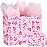 WRAPAHOLIC 13" Large Strawberry Bow Gift Bag with Card and Tissue Paper - Pink Bow and Sweet Strawberry Gift Bag for Women Girls Birthday, Baby Shower, Wedding, Bridal Shower