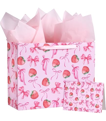EIGHTSTATES Erdbeer-Geschenktüten-Set Zum 1. Geburtstag – Extra Große Tüte Mit Karte & Seidenpapier | „Berry Sweet Girl“ Deko Für Babyparty