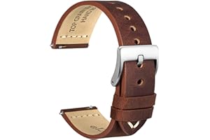WOCCI 22mm Old-fashioned Watch Band for Men, Top Grain Leather, Silver Brushed Buckle (Pecan Brown)