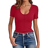 Prettywear Womens Short Sleeve T-Shirts Scoop Neck Ribbed Slim Fitted Top Summer Casual Basic Tee