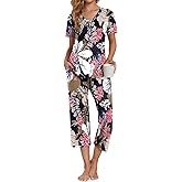 Anyally Women's Pajama Set Plus Size Short Sleeve Top and Pants 2 Piece Lounge Sets Summer Ladies Pjs Sets