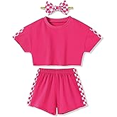 SANMIO Toddler Girl Clothes Summer 3 Piece Outfits Cute Short Sleeves Checkered Tops Shorts and Headband Girls Clothing Set