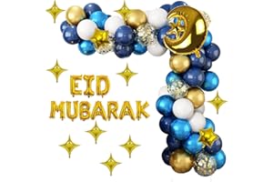 Xugoox 86 Pcs Eid Mubarak Balloon Arch Kit, Including EID MUBARAK Balloons Banner, Gold Moon Star Foil Balloons, Navy Blue Wh