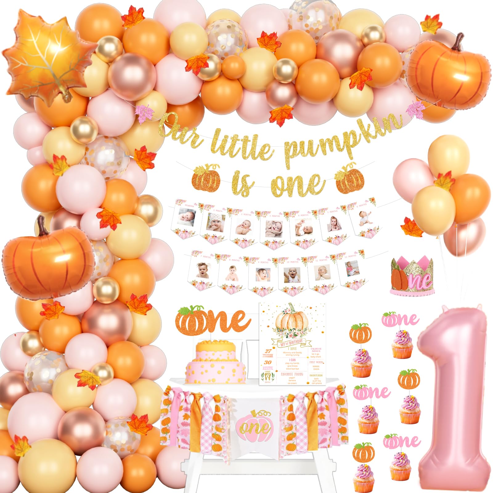 Photo 1 of Fiesec Little Pumpkin 1st Birthday Decorations, Fall First Birthday Party Supplies for Girls, Thanksgiving Autumn Party Decor, Our Little Pumpkin Is One Banner Balloon Cake Cupcake Topper Poster