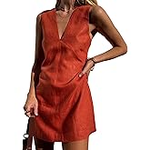 Megfie Womens Summer Cotton Linen V Neck Short Dress Sleeveless Mini Dress Casual A Line Tank Sundress Red