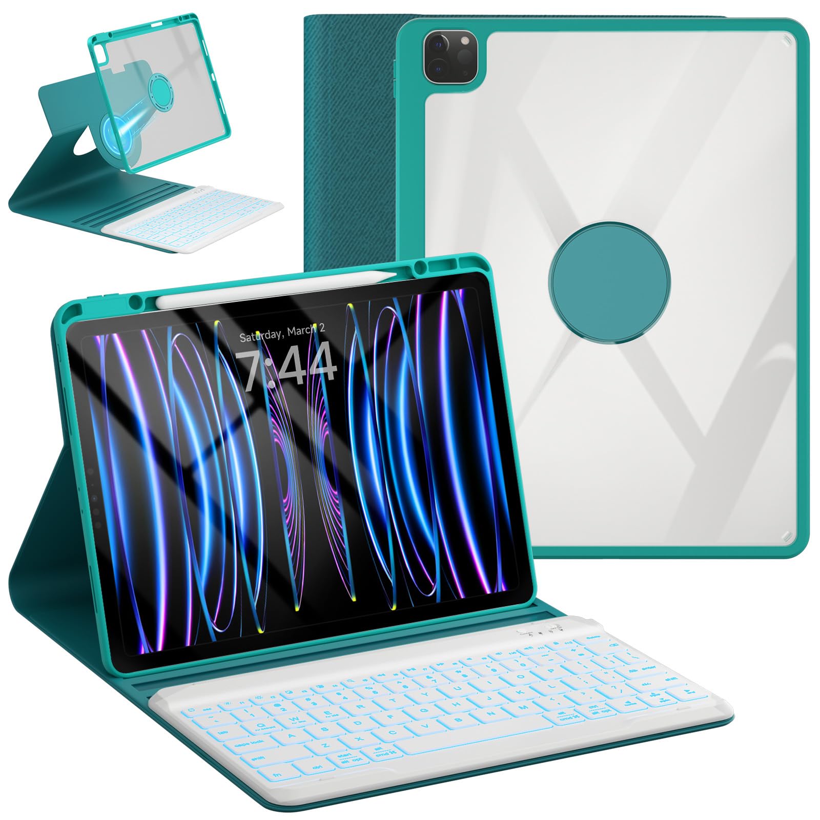 Photo 1 of OYEEICE Keyboard Case for iPad Pro 12.9 inch 6th Gen 2022, 5th 2021, 4th 2020, Rotating Detachable Clear Cover with 7 Colorful Backlit Keyboard Wireless, Pencil Holder, Auto Wake/Sleep - Teal