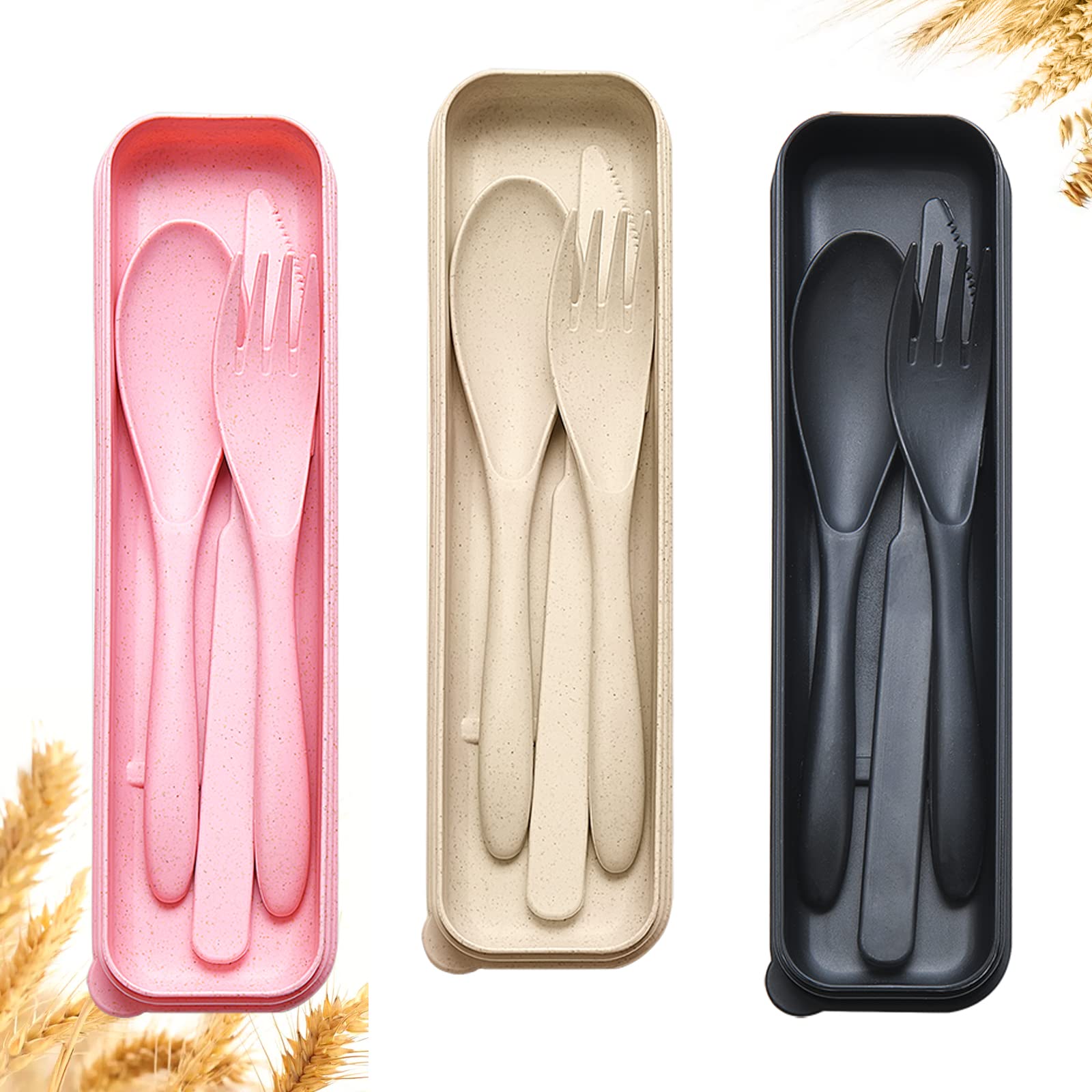 Photo 1 of Reusable Travel Utensils Set with Case, 3 Sets Wheat Straw Portable Knife Fork Spoons Cutlery, Eco-Friendly BPA Free Plastic Tableware for Kids Adults Travel Picnic Camping Utensils