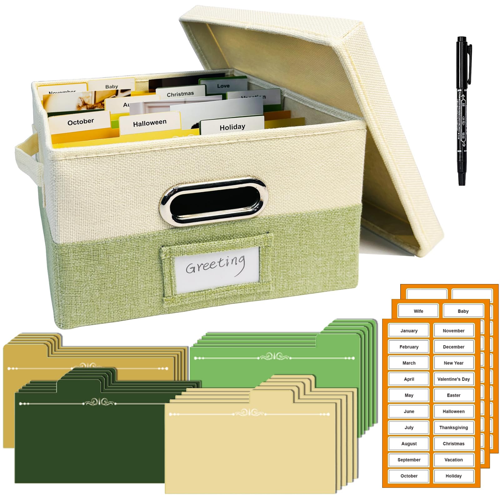 Photo 1 of Sprsthai Linen Greeting Card Storage Box - Card Organizer with 20 Dividers & 84 Labels, Holds 150+ Cards, Fabric Storage Box for Cards, Photos, Envelopes, Recipes Beige&Green