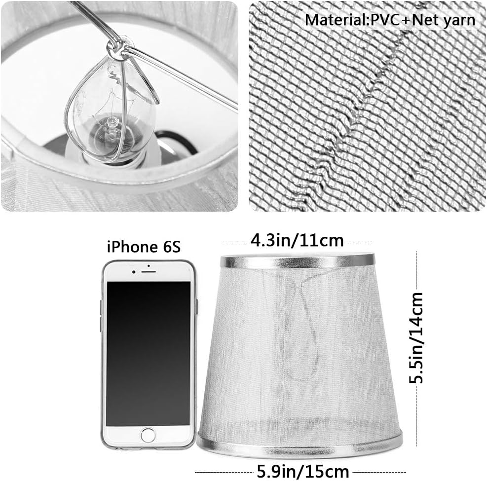 YISUN Set of 6 Clip On Gauze Chandelier Lamp Shades Little Upright Wall Candle Light Lampshade (6, Silver) - Image 5