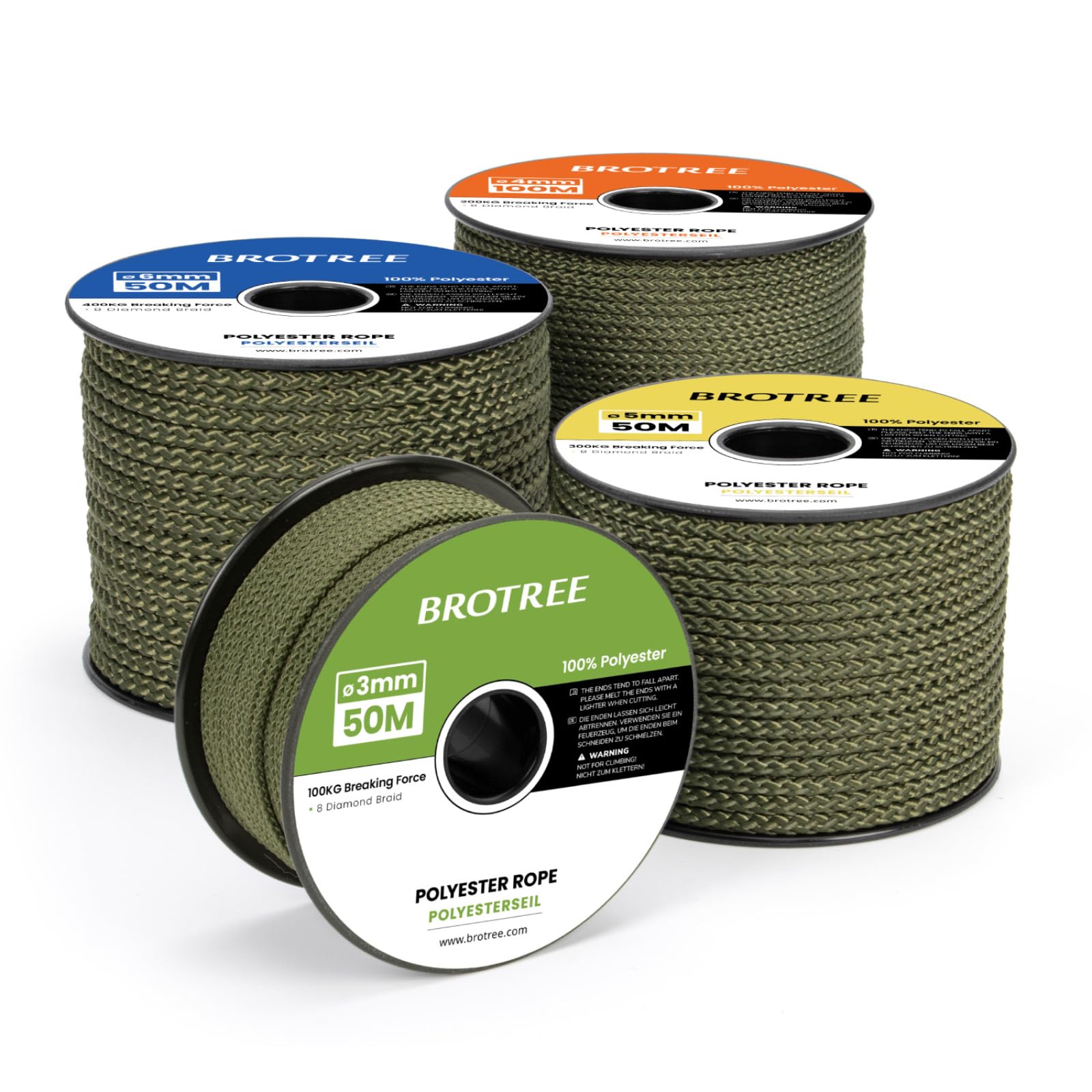 Brotree Polyester Rope 3mm x 100m Army Green - Diamond Braided Rope Cord Low Stretch - 100KG Breaking Load