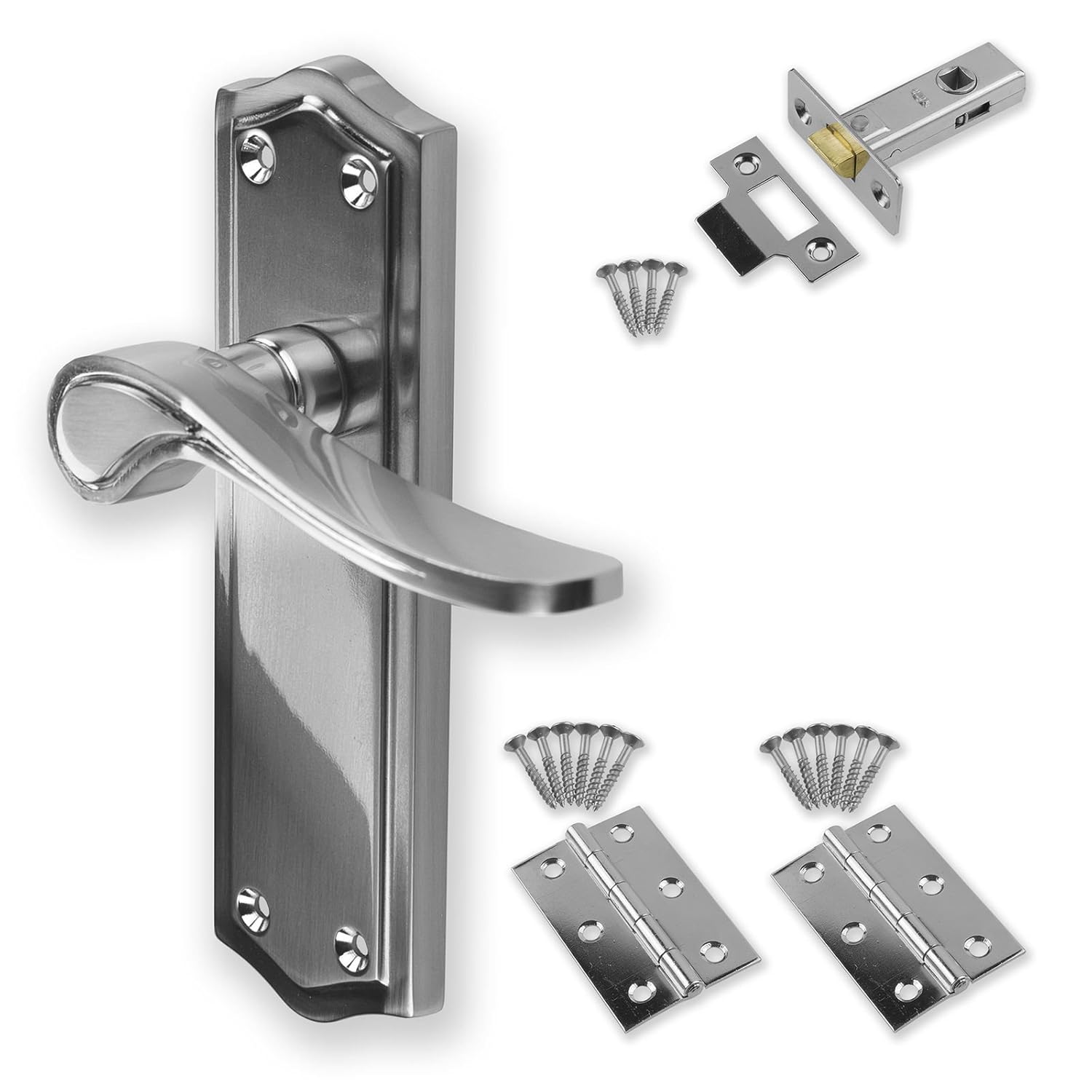 Satin Chrome Door Handle Set Pack Latch Lock Bathroom New (Lever Latch
