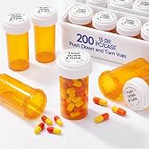 Geetery 200 Pack Medicine Pill Bottles with Reversible Caps, 13 Dram | Push Down Turn Jar, Translucent Amber Pill Container Vials