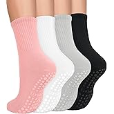 yeuG 4 Pairs Non Slip Pilates Socks with Grips for Women, Crew Grip Socks for Yoga, Barre, Hospital, Barefoot Workout
