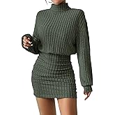 Women's Pullover Sweater Dress Long Lantern Sleeve Turtle Neck Cute Ribbed Knit Bodycon Mini Short Dress 2025 Fall