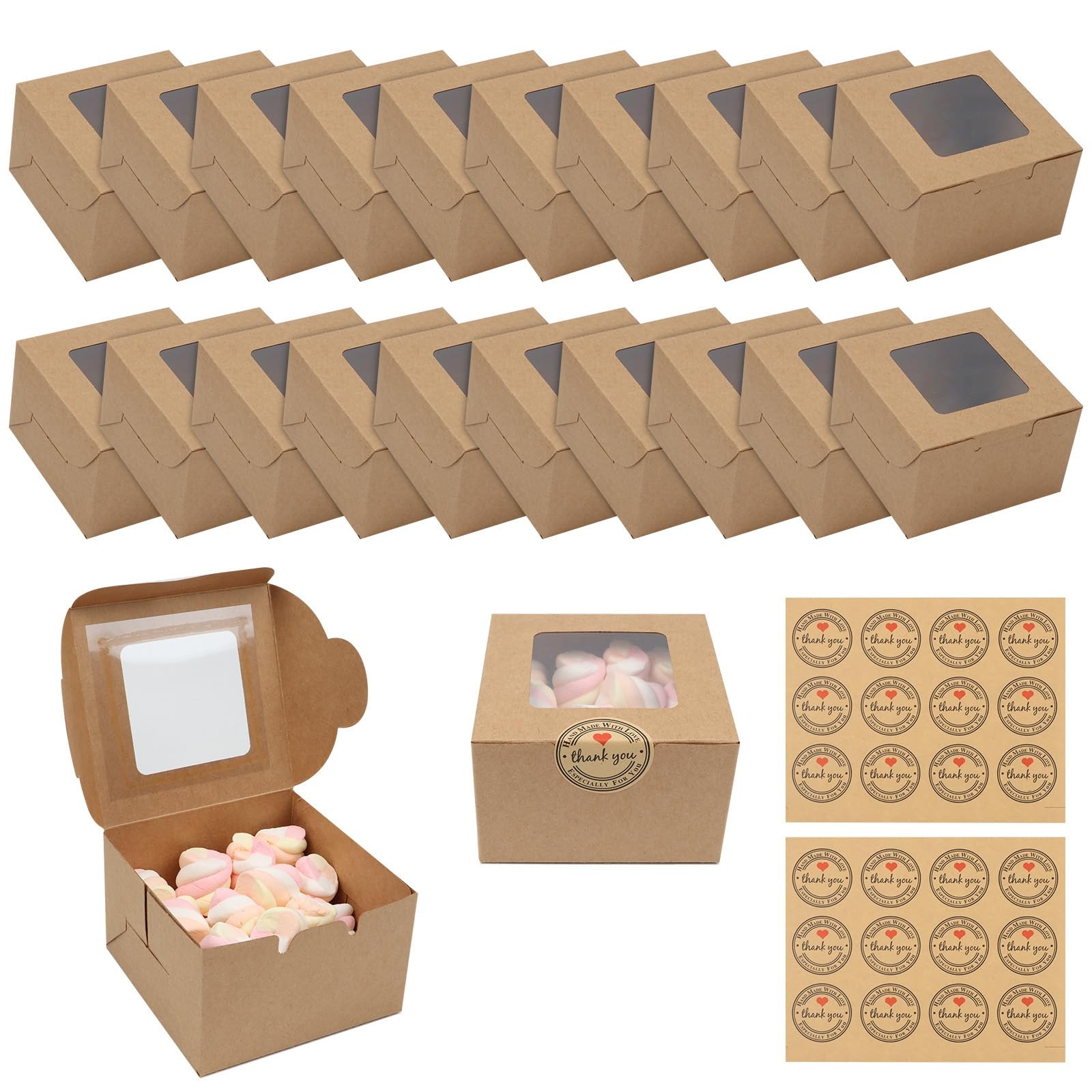 JOYSKY 20 Pcs Brown Cupcake Boxes Paper Cake Box Bakery Pastry Boxes with Windows and 24 Stickers Kraft Candy Boxes for Cupcakes Desserts Pastries Cookies Small Cakes Candy Pies & Gifts