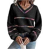 Womens Fall Sweaters Oversized Pullover V Neck Stripe Long Sleeve Drop Shoulder Knit Top Loose Rainbow Chunky Top