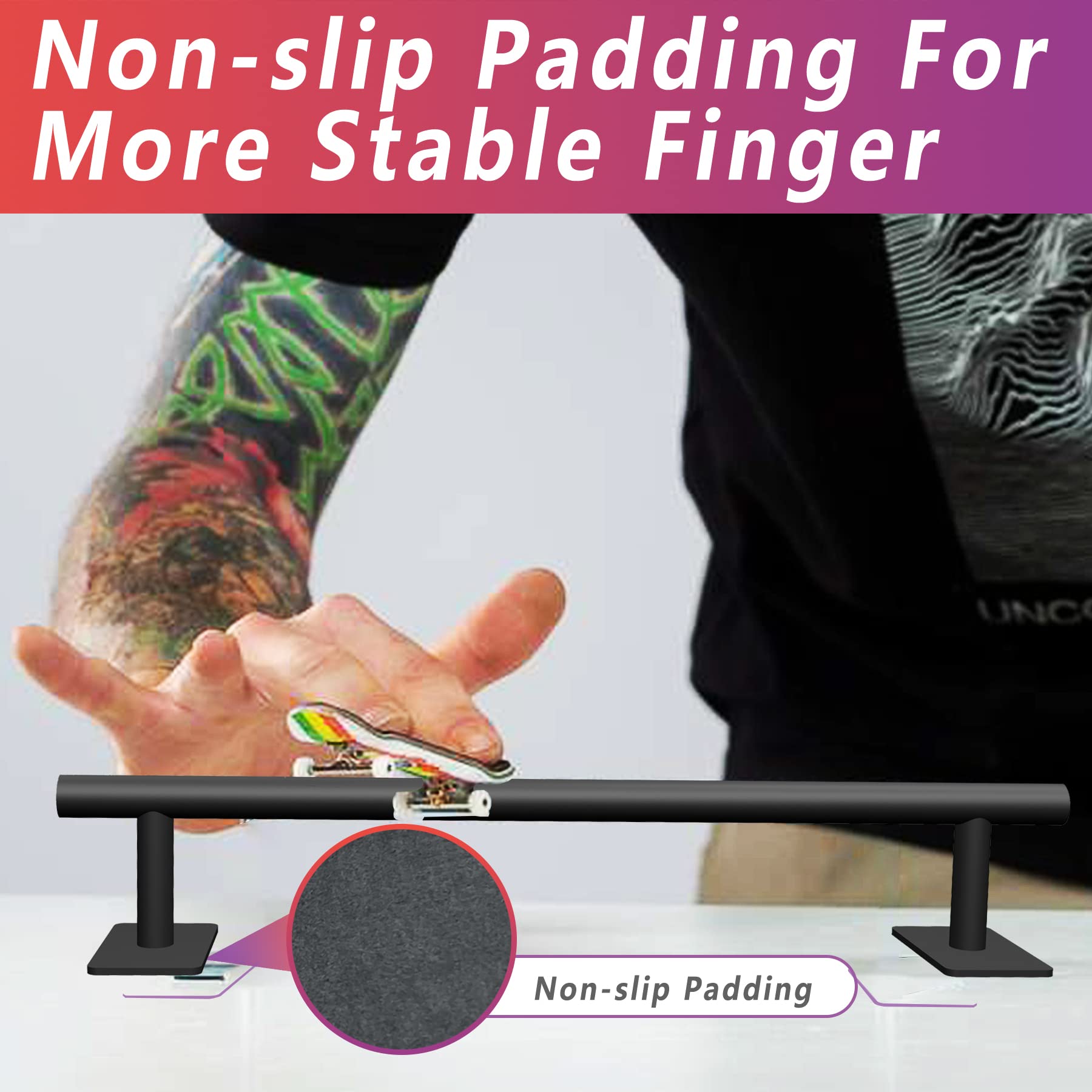 Professional Fingerboard Flat Rail Premium Solid Steel Construction Fingerboard Deck Fingerboard Ramp Great Add for Fingerboard Parks Black Powder Coated Finish Non-Slip Foam Feet (round)