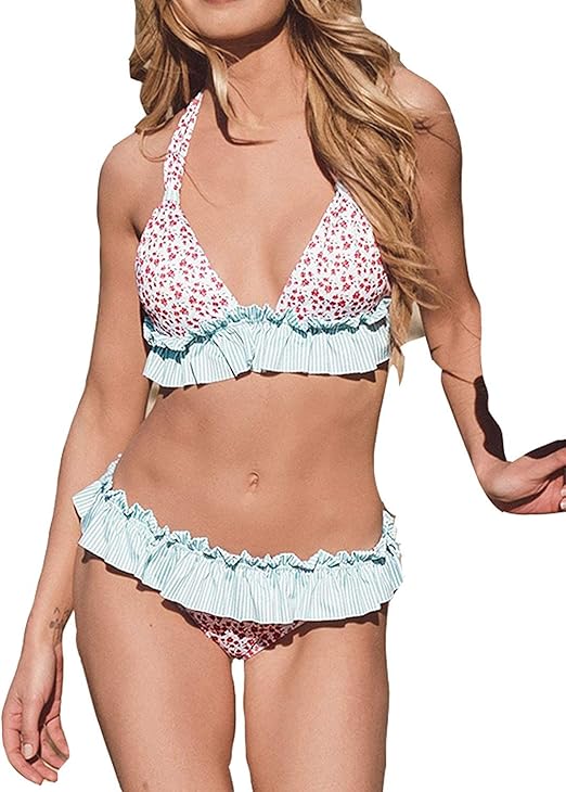 FIZUOXVE Trajes de baño de Dos Piezas con Volantes Florales y Cuello