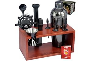 Voila Artisan 17 Pcs Premium Cocktail Shaker Set Bartender Kit with Elegant Mahogany Wooden Stand