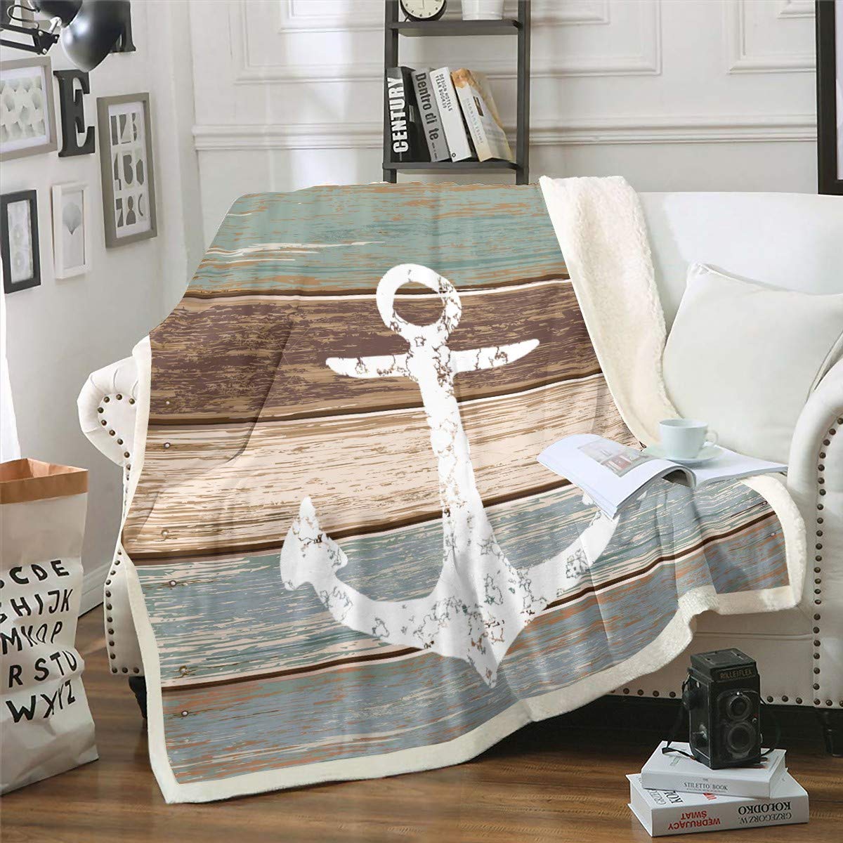 Anchor Sherpa Nautical Theme Fleece Throw Blanket - Vintage Timeworn Weathered Wooden Planks Rustic Plush Soft Lightweight Fuzzy for Sofa Bed Couch, Brown Double 60x79 Inch
