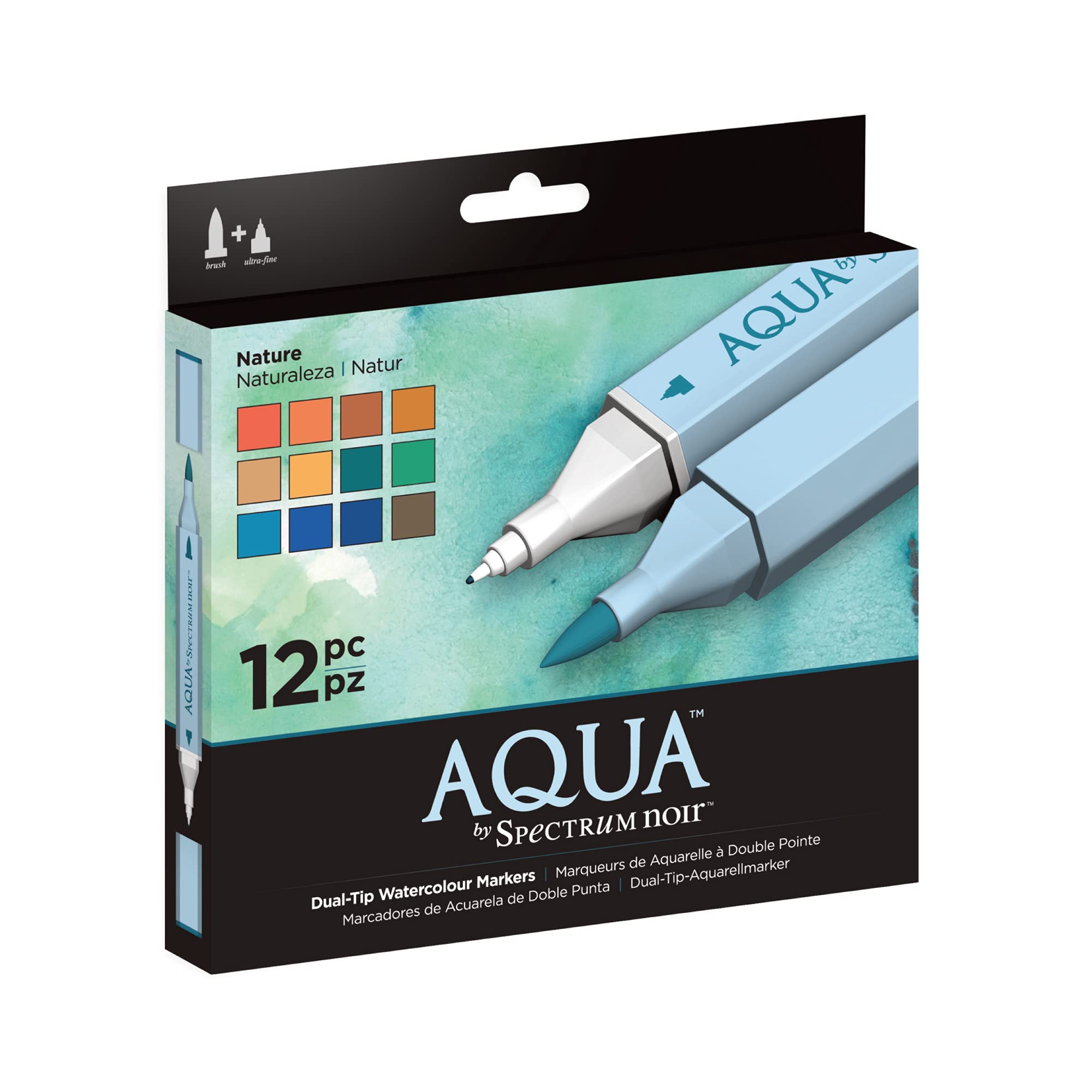 Spectrum Noir Aqua Artist's Water Based Dual Nib Marker Colouring Pens, Nature, Pack of 12, 19 x 18.4 x 2.1 cm