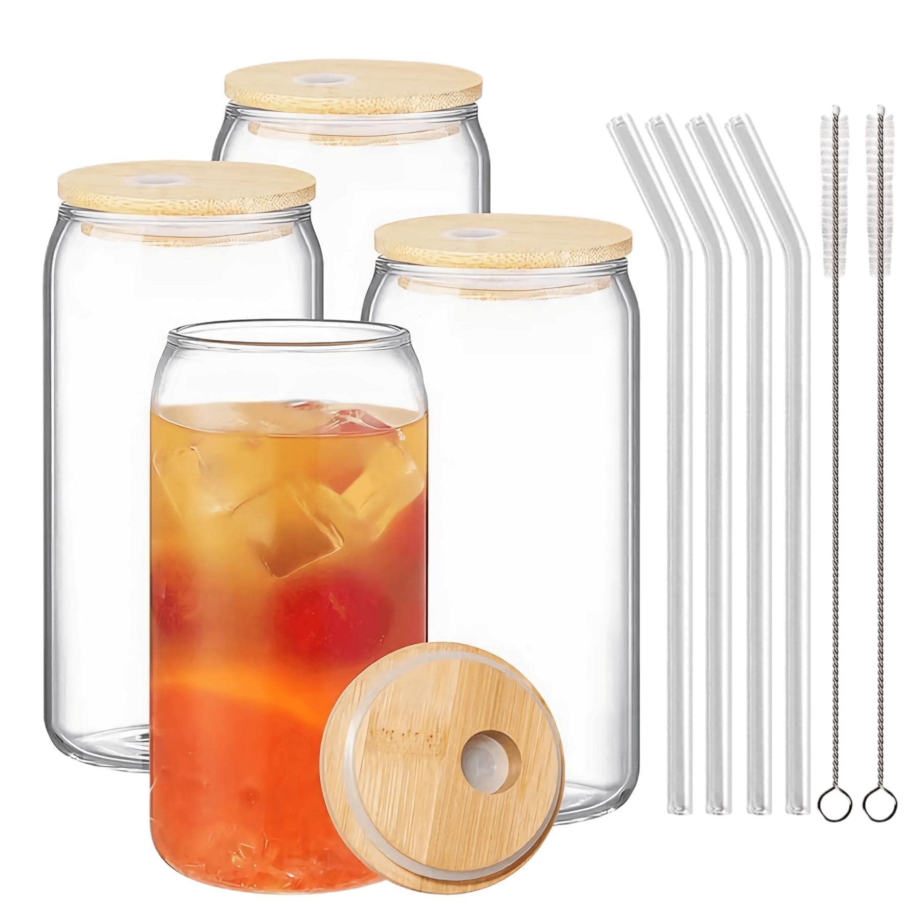 Eidoct 480ml Transparent Can Glass Cups with Wooden Lid and Glass Straw, Reusable Can Shaped Drinking Glasses for Cold Drink Juice Coffee Cocktail Whiskey (4pcs)