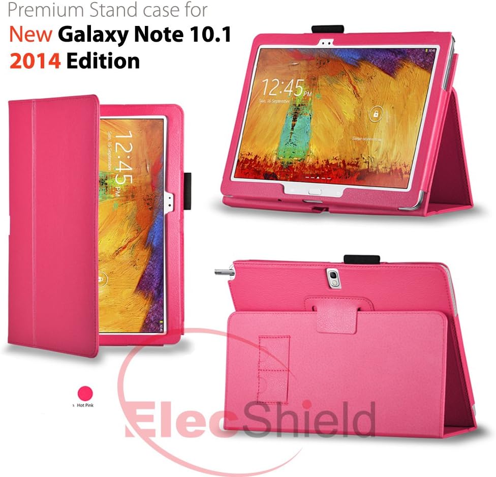 ElecShield Case for Samsung New Galaxy Note 10.1 2nd Tablet 2014 Edition Version Luxury Faux Leather Stand Case (Hot Pink)