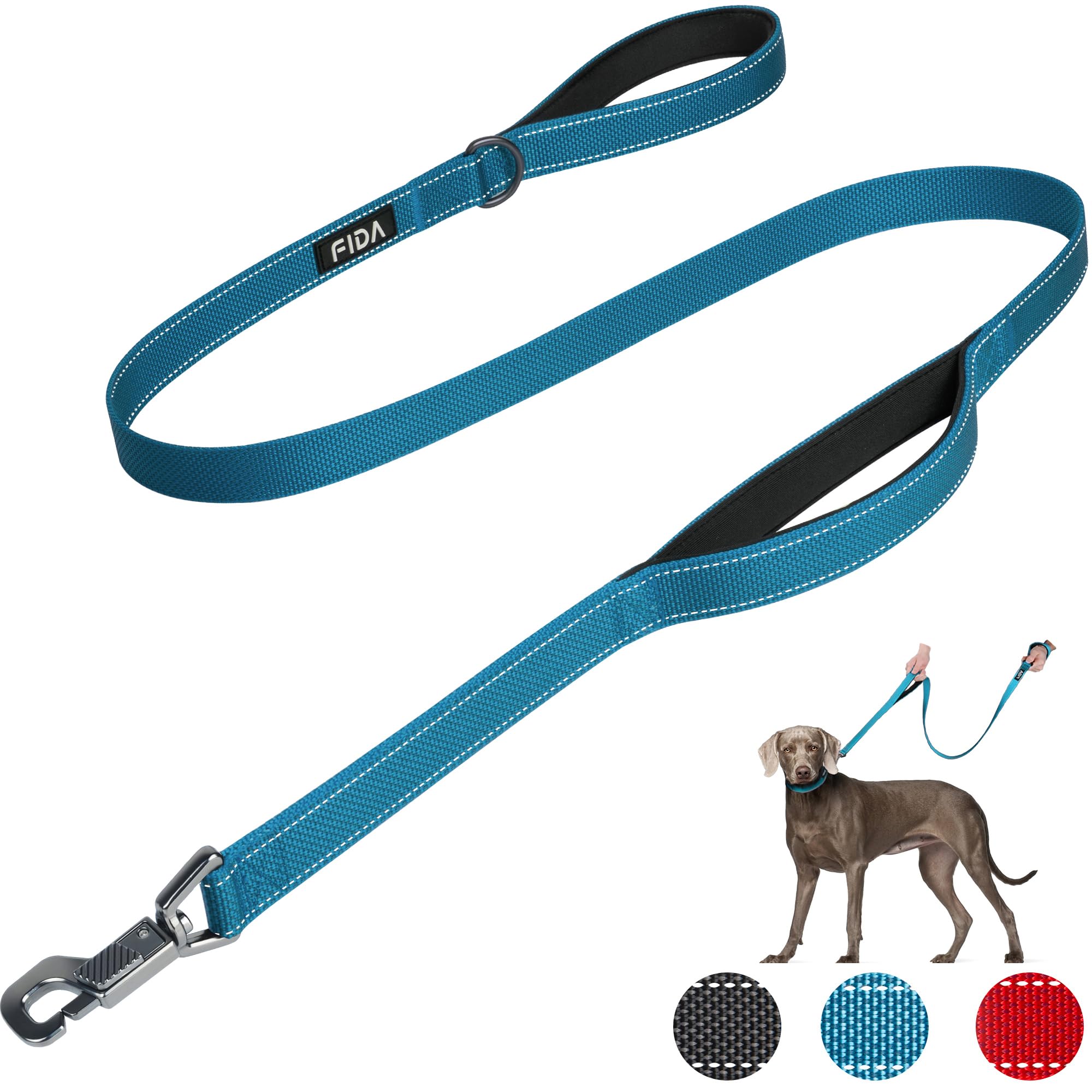 Fida Heavy Duty Dog Leads for Medium/Large Dogs, 1.5M / 5FT Traffic Handle & Advanced Hook for More Control, Reflective Dog Lead for Daily Walking & Training (Blue)