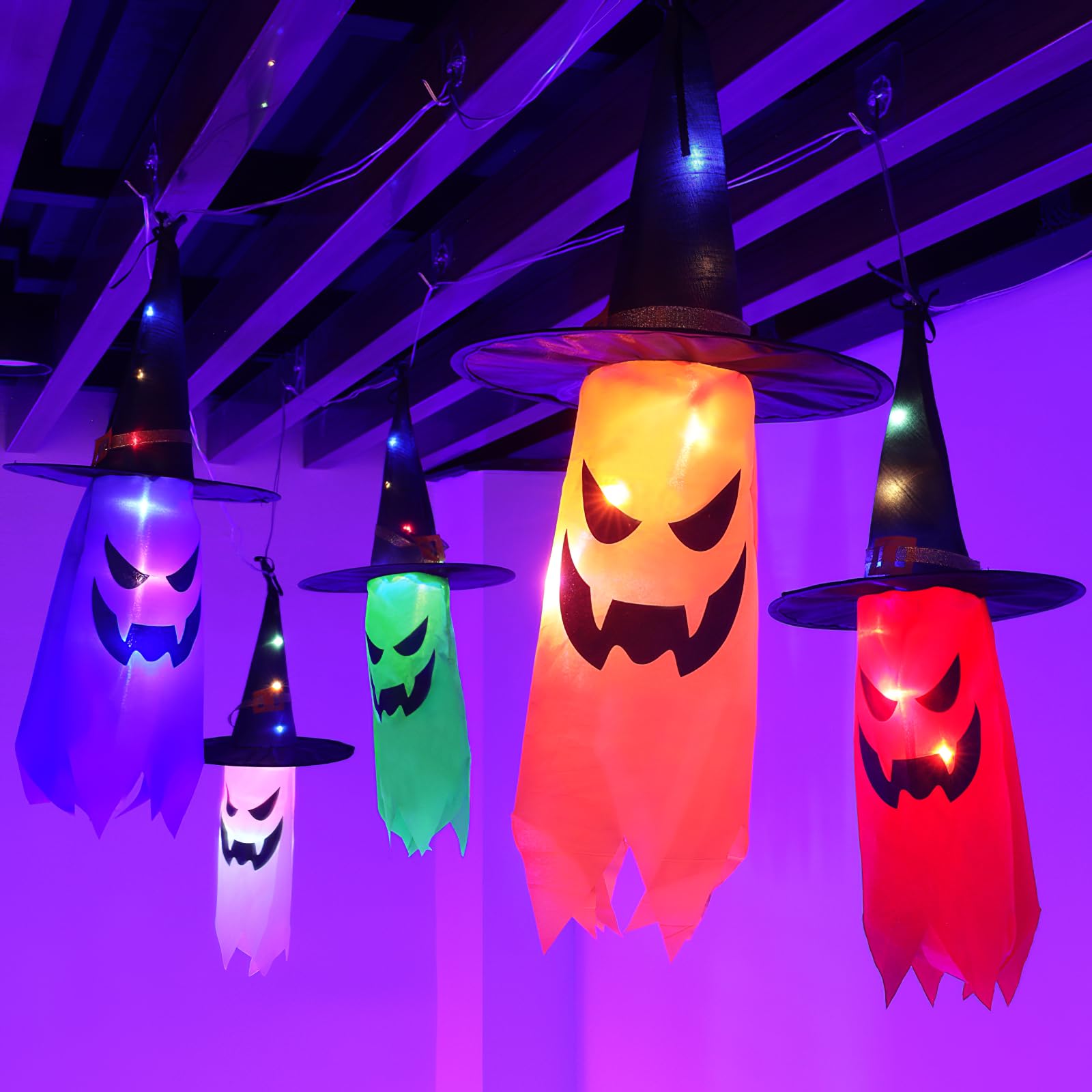 Gelasgo Upgraded Halloween Outdoor Decorations, Hanging Light Up Ghost Witch Hats with LED Lights, Ghost Face String Lights for Indoor Outdoor Decor, Halloween Party, Yard Garden Decoration